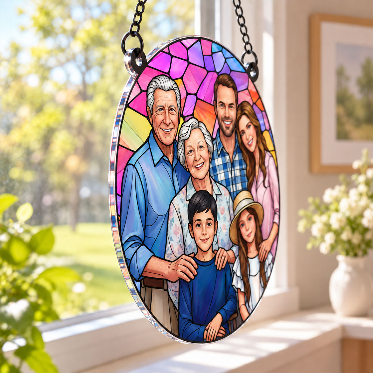 Stained Glass Family Portrait - Personalized Acrylic Window Hanger – Add Deceased Loved One to Photo, Custom Memorial Gift