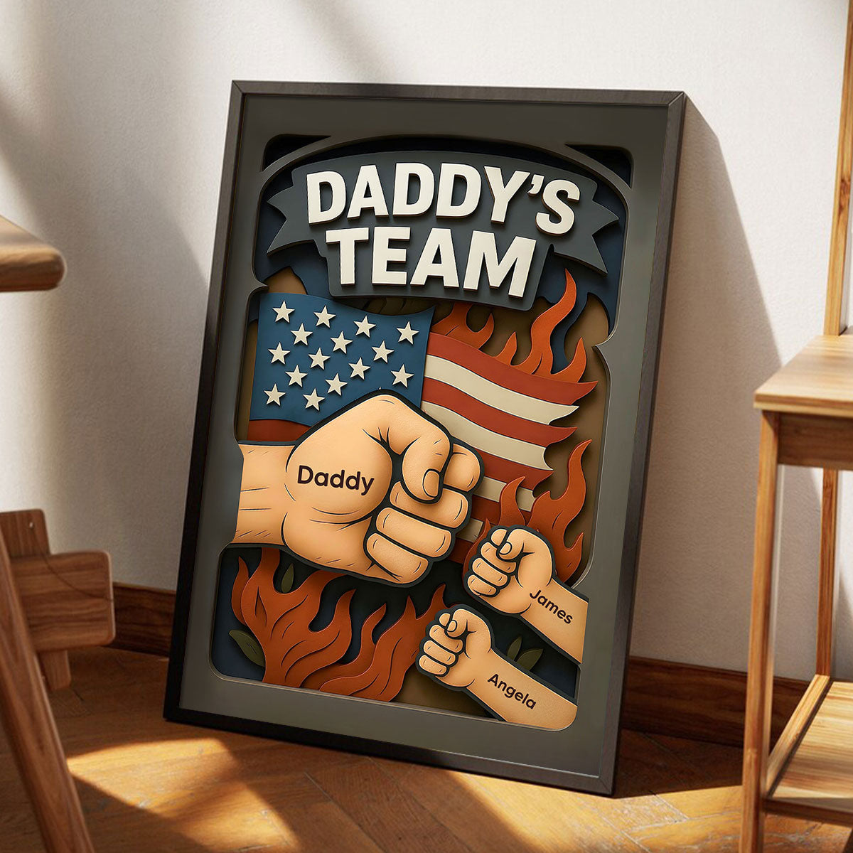 Daddy's Team Fist Bump 3D Effect Layered Personalized Poster, Father's Day Gift for Dad
