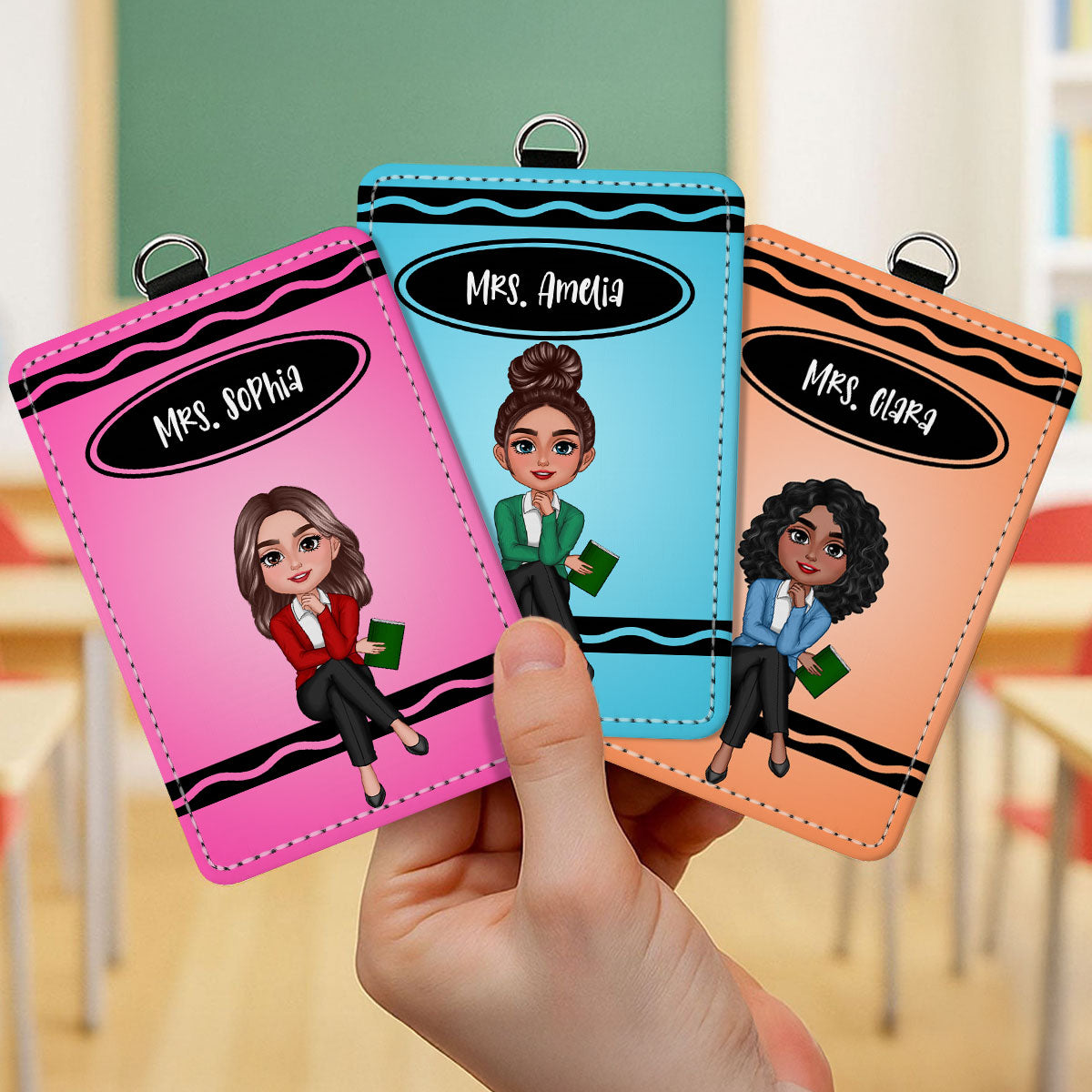 Crayon Themed Teacher Sitting Personalized ID Badge Holder, Back To School Gift