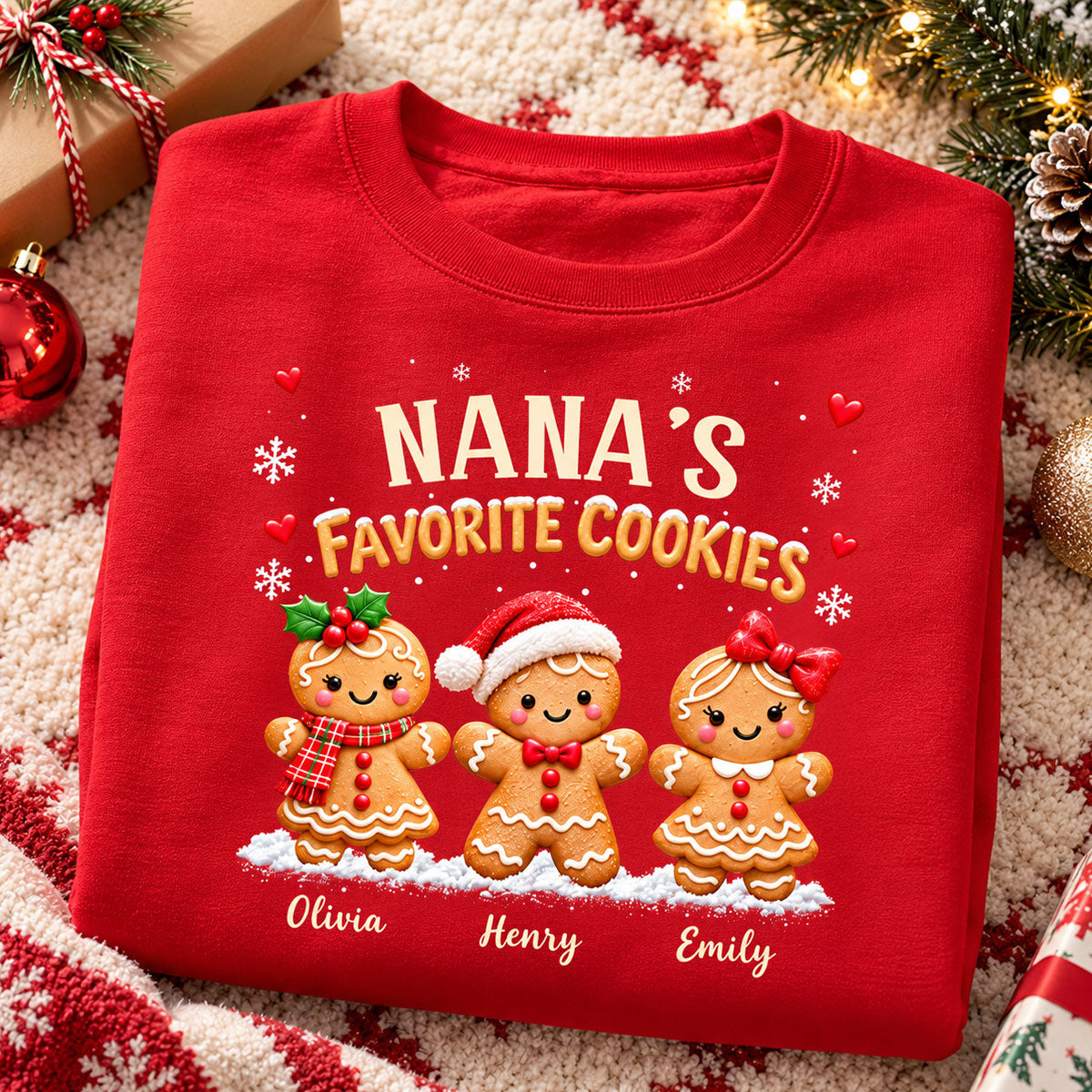 Grandma's Favorite Cookies - Personalized Shirt - Custom Grandkids Names Gingerbread, Cute Christmas Gift for Grandma, Nana, Mimi, Grammy & Gigi.