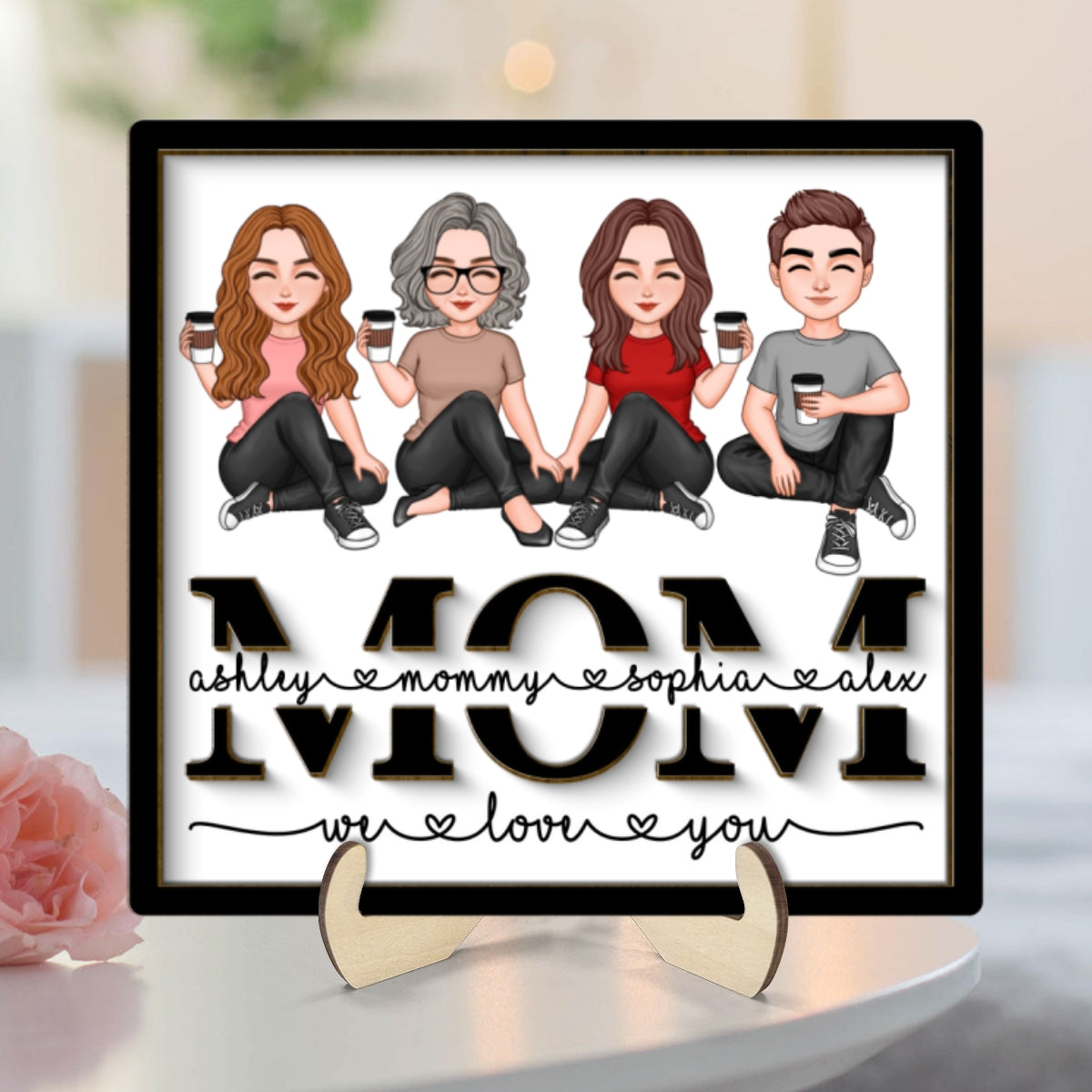 Mom We Love You Vector Sitting On Text Personalized 2-layer Wooden Plaque