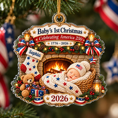 Baby By Fireplace Baby's First Christmas 2D Flat - Personalized Acrylic Ornament - 250th America 1776 - 2026 Anniversary, Patriotic Christmas Decor, Gifts for New Parents
