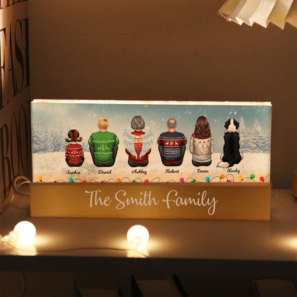 Family Back View Sitting In Snow Christmas Light Personalized Acrylic Block LED Night Light