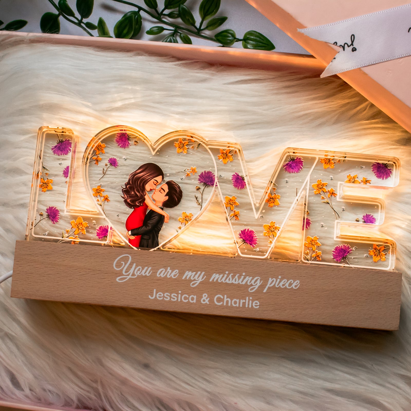 Couple Romantic Love Custom Flower Printed LED Night Light, Birth Month Flower, Thoughtful  Gift for her, Gift for him