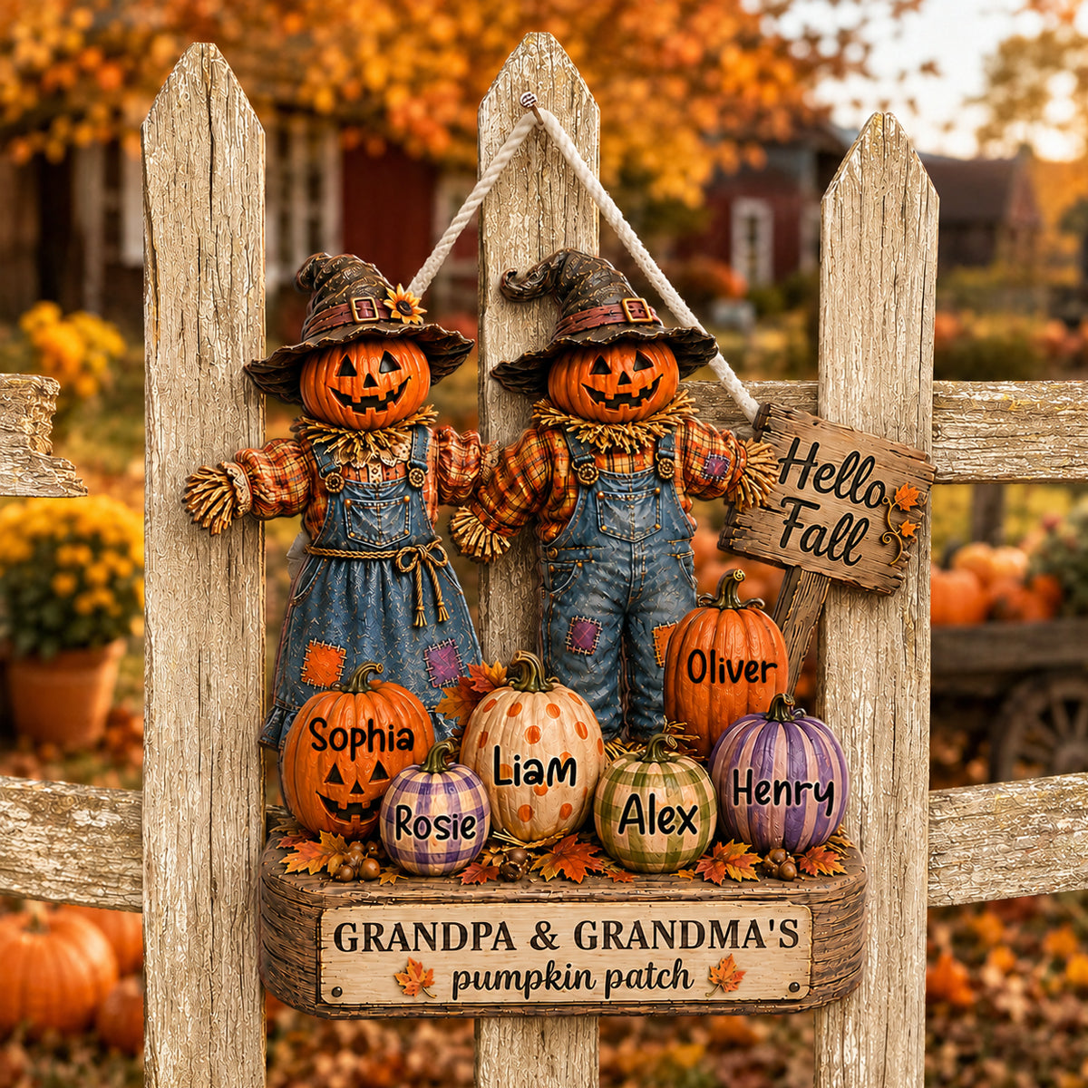 Grandma Grandpa's Pumpkin Patch Scarecrow - Personalized Door Sign - Halloween Fall Decor for Grandparents