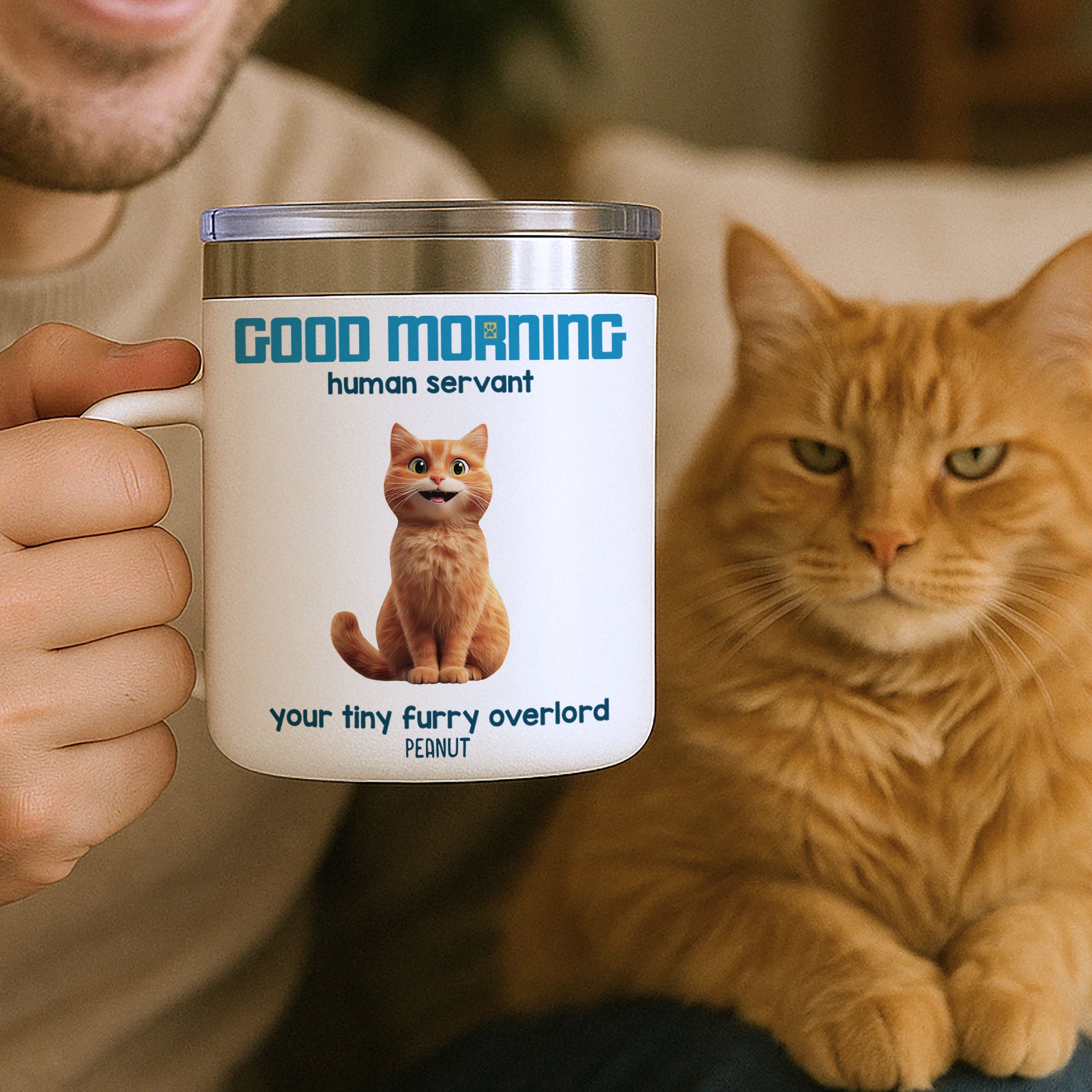 Good Morning Human Servant Personalized Stainless Steel Tumbler With Handle, Unique Gift for Cat Mom Cat Dad