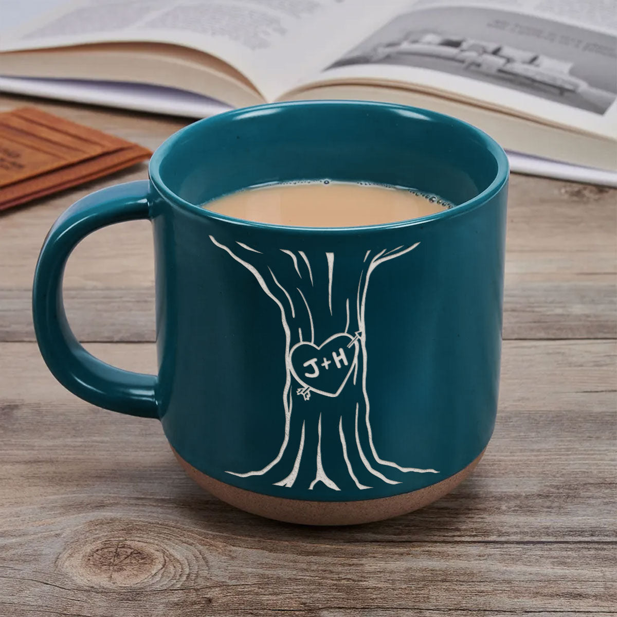 Couple Name Initials Engraved In A Heart Tree - Personalized Pottery Mug - Valentine's Day, Anniversary, Engagement Gift