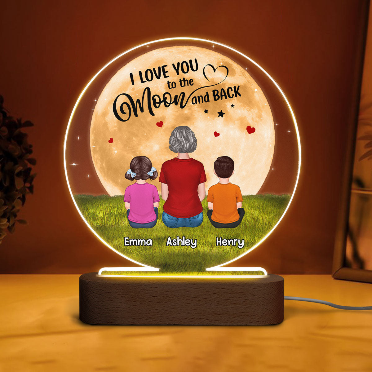 Grandma Mom I Love You To The Moon And Back Back View Woman Sitting With Kids Dogs Cats Personalized Circle Acrylic Plaque LED Night Light