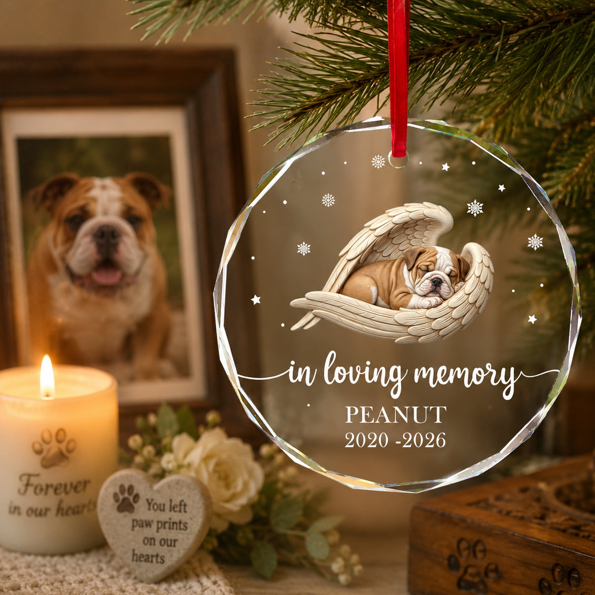 Custom Photo Sleeping Dog Cat Angel - Personalized Glass Ornament - Heartfelt Memorial Keepsake for Loved Ones