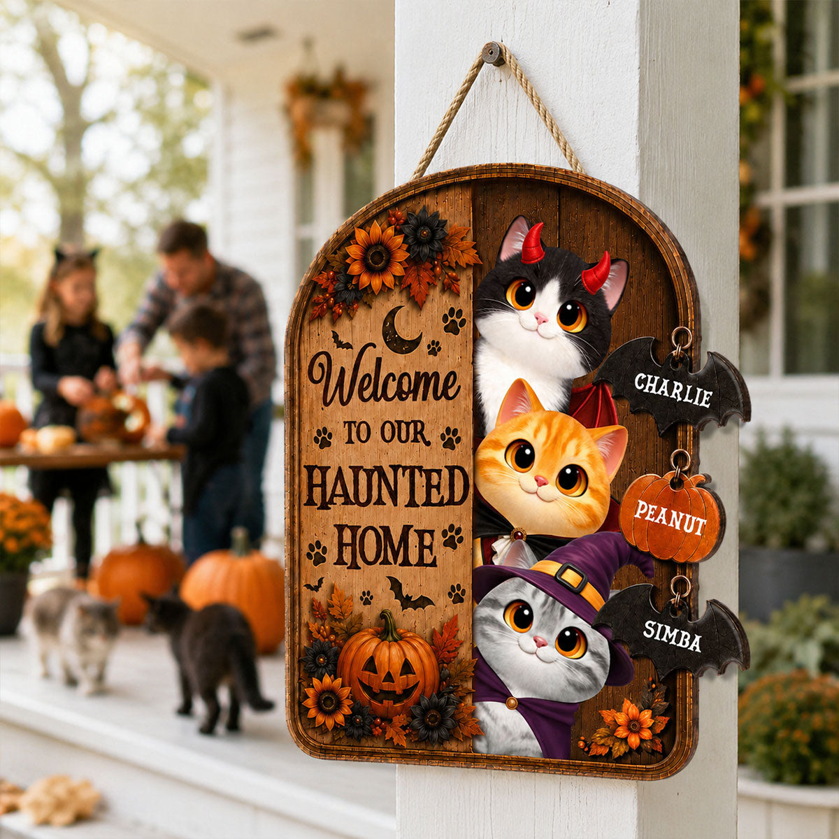 Happy Meowloween Peeking Cats 2D Flat - Personalized Door Sign - Halloween Decor For Cat Lovers