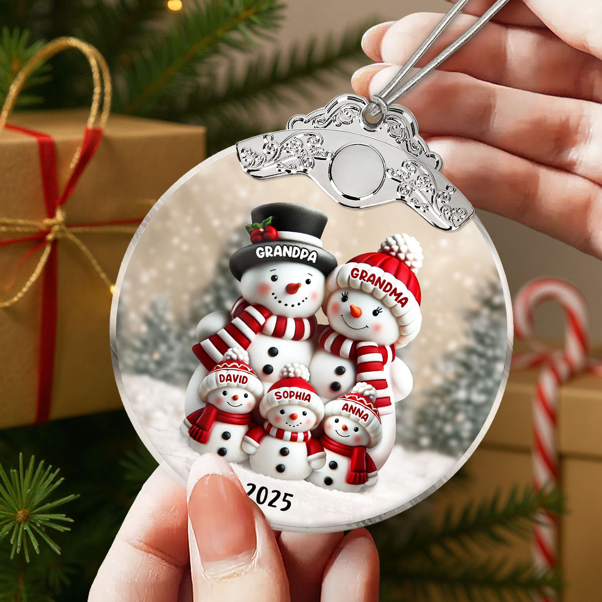 3D Effect Cute Snowman - Personalized Glass Ornament With Silver Cap - Christmas Decor For Family, Grandma, Grandpa