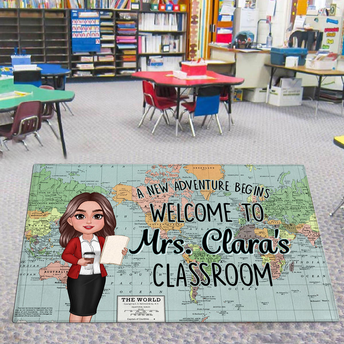 World Map Adventure Themed Welcome To Classroom Personalized Doormat, Gift For Teacher, Classroom Decor