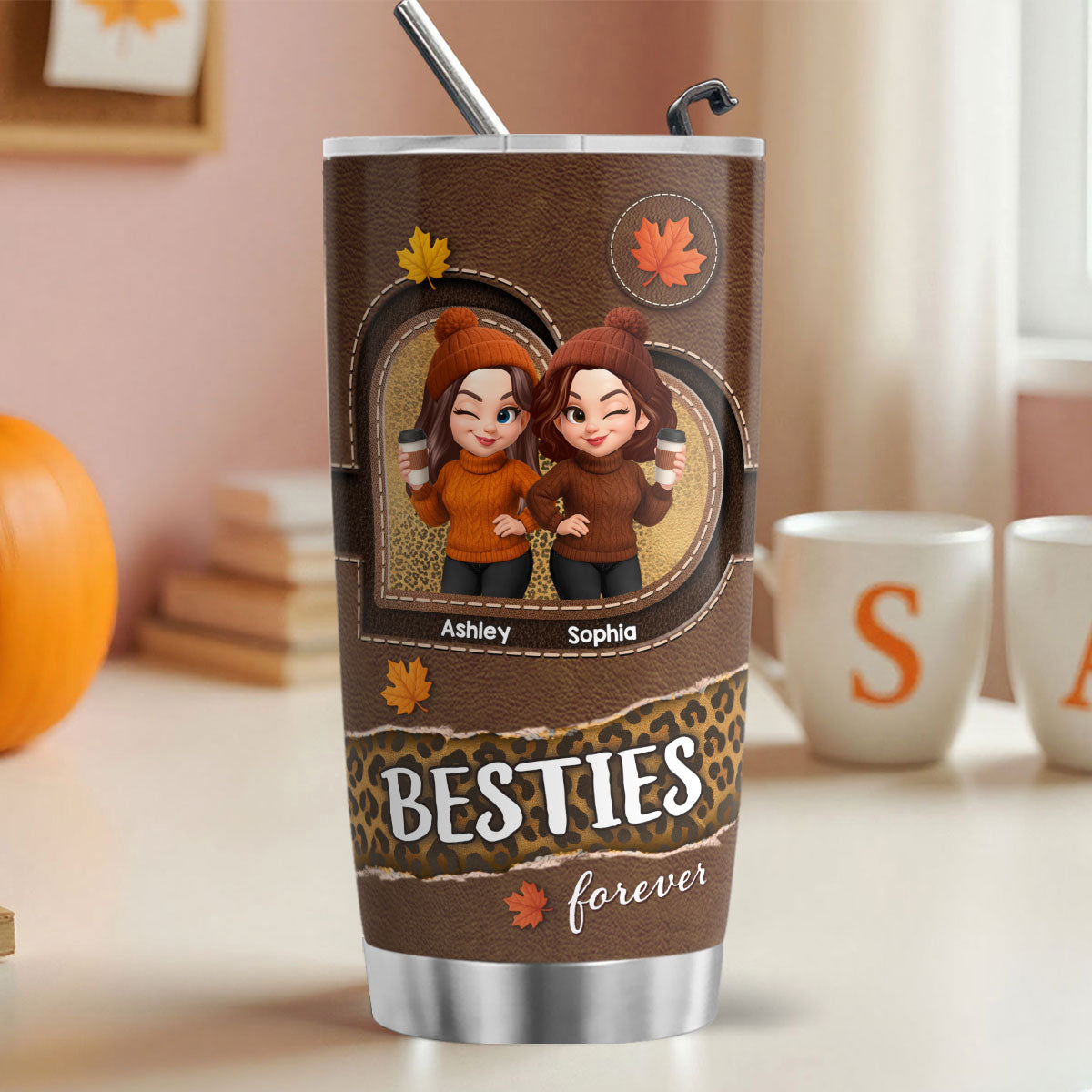 Fall Season Besties Sisters Fall Leather Pattern Personalized Tumbler