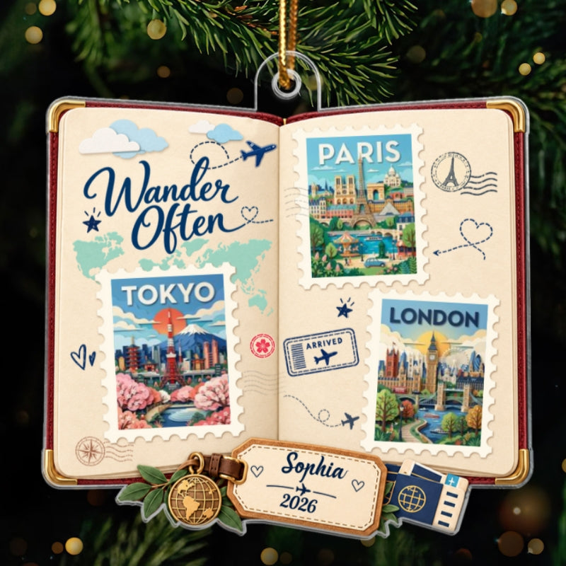 Travel Scrapbook Journal Stamps 2D Flat Printed - Personalized Acrylic Ornament - Traveling Destination Keepsake, Christmas Gift For Traveling Lovers
