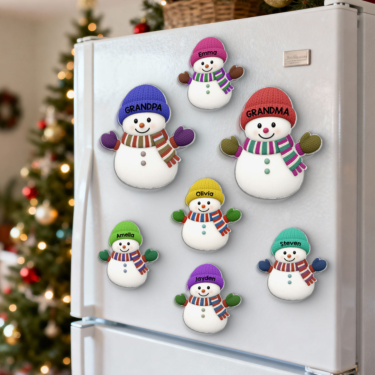Christmas Grandma Grandpa And Grandkids Snowman Together - Personalized Acrylic Fridge Magnet