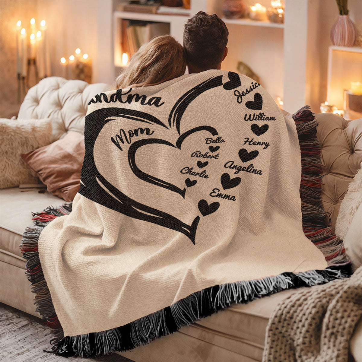 Grandma Mom Hearts Kids And Grandkids Names Personalized Tapestry Woven Blanket, Gift For Grandma, Mom