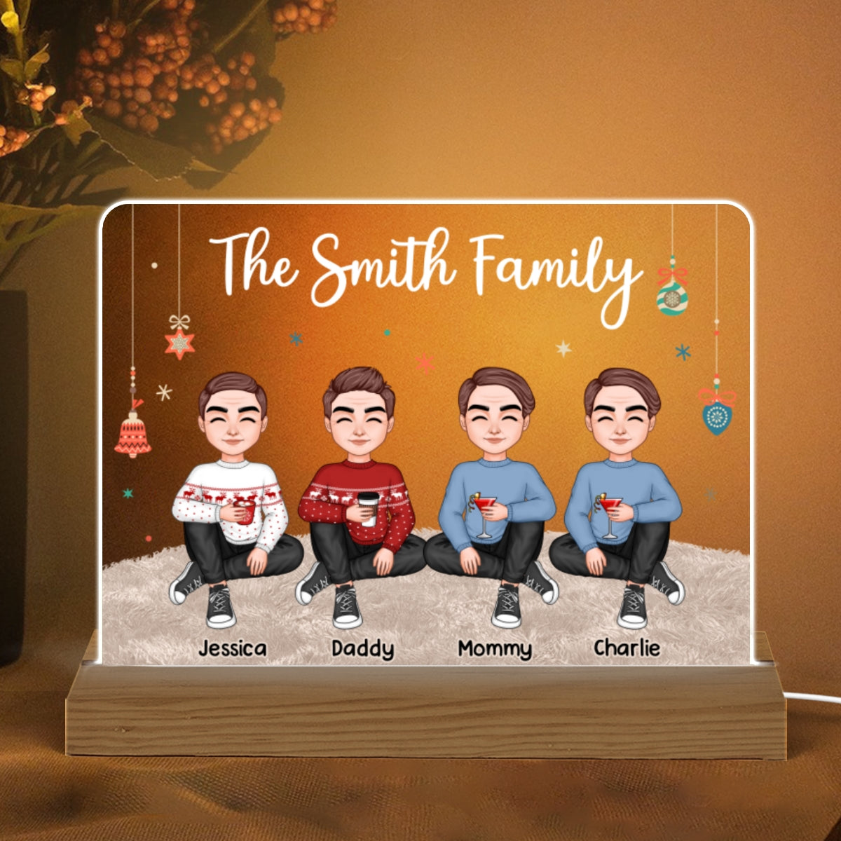 Christmas Cute Family Sitting On Carpet Personalized Acrylic Plaque Custom Shape Warm LED Night Light