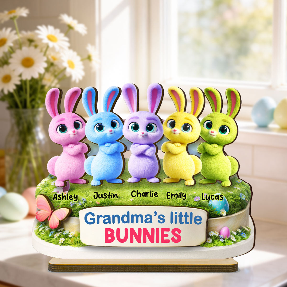 Grandma's Little Bunnies Cute Rabbits - Personalized 2-Layered Wooden Plaque - Easter Decor Gift for Grandma, Mom