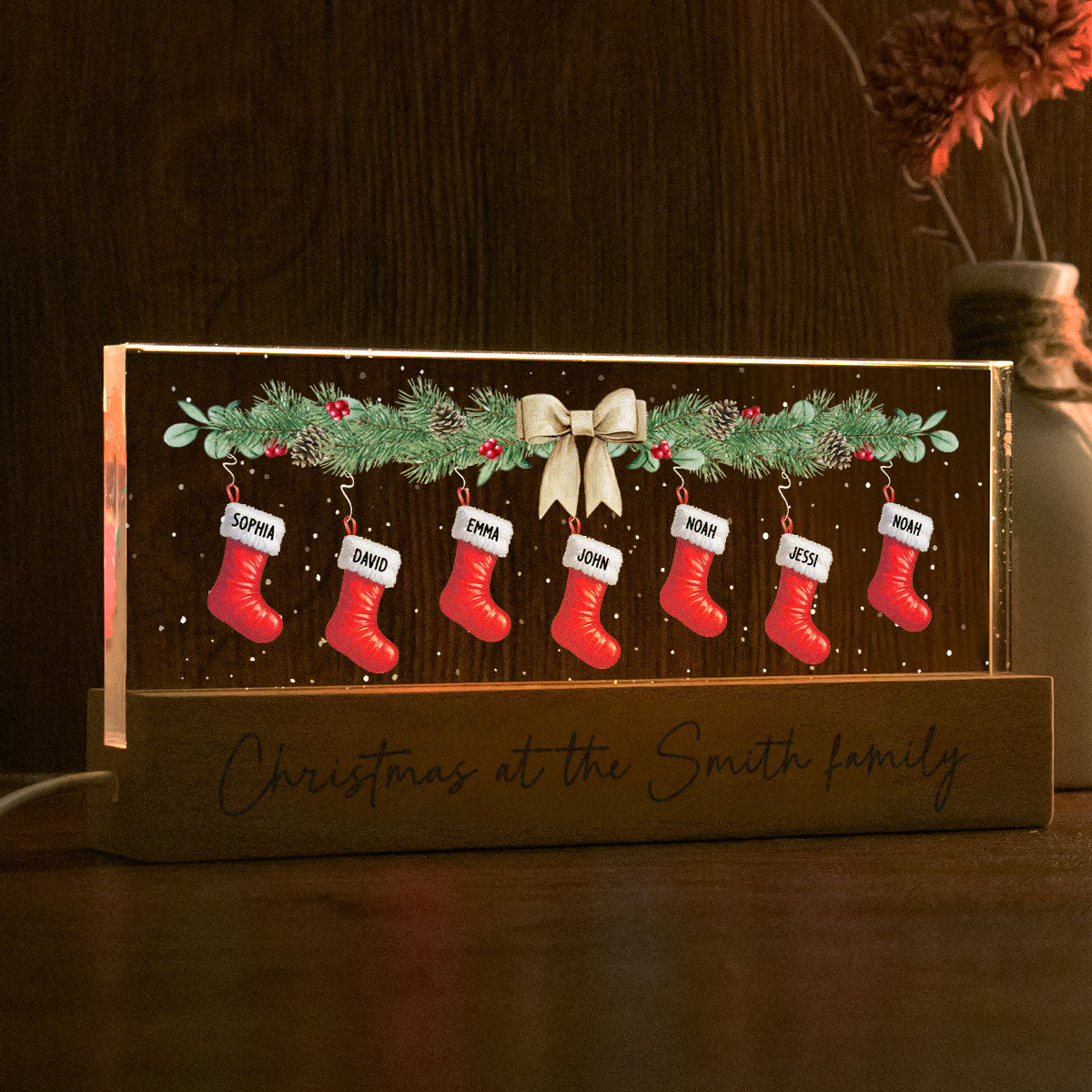 Christmas Stocking Family Names Personalized Acrylic Block LED Night Light