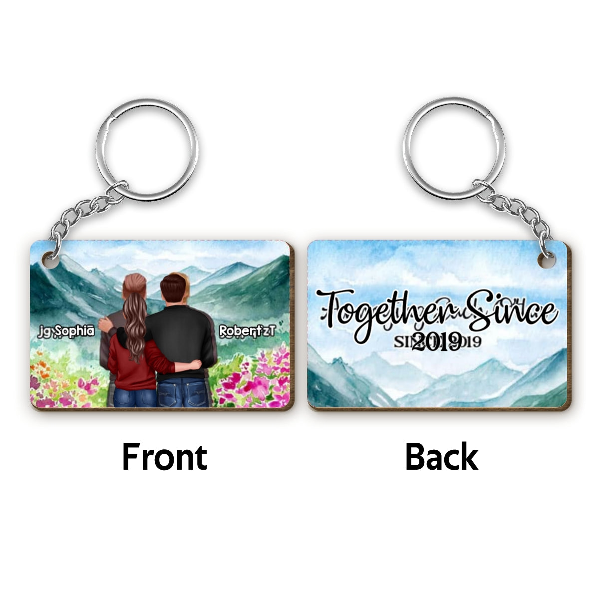 Couple Together Since Watercolor Mountain Background Personalized Wooden Keychain