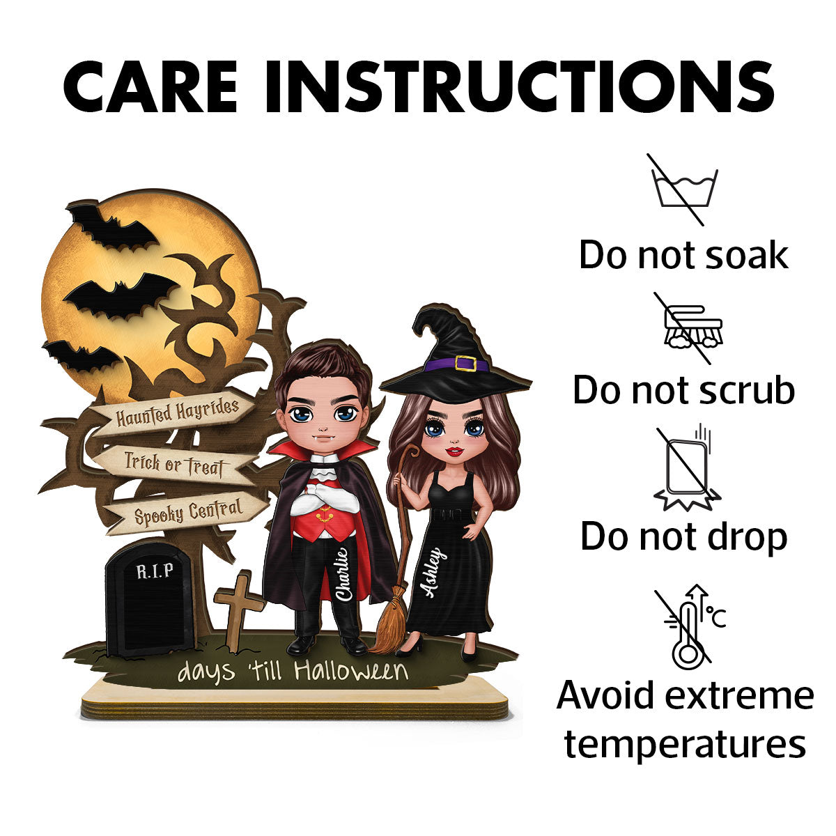 Couple Halloween Countdown Moon Bat Tree Personalized 2-Layer Standing Wooden Plaque