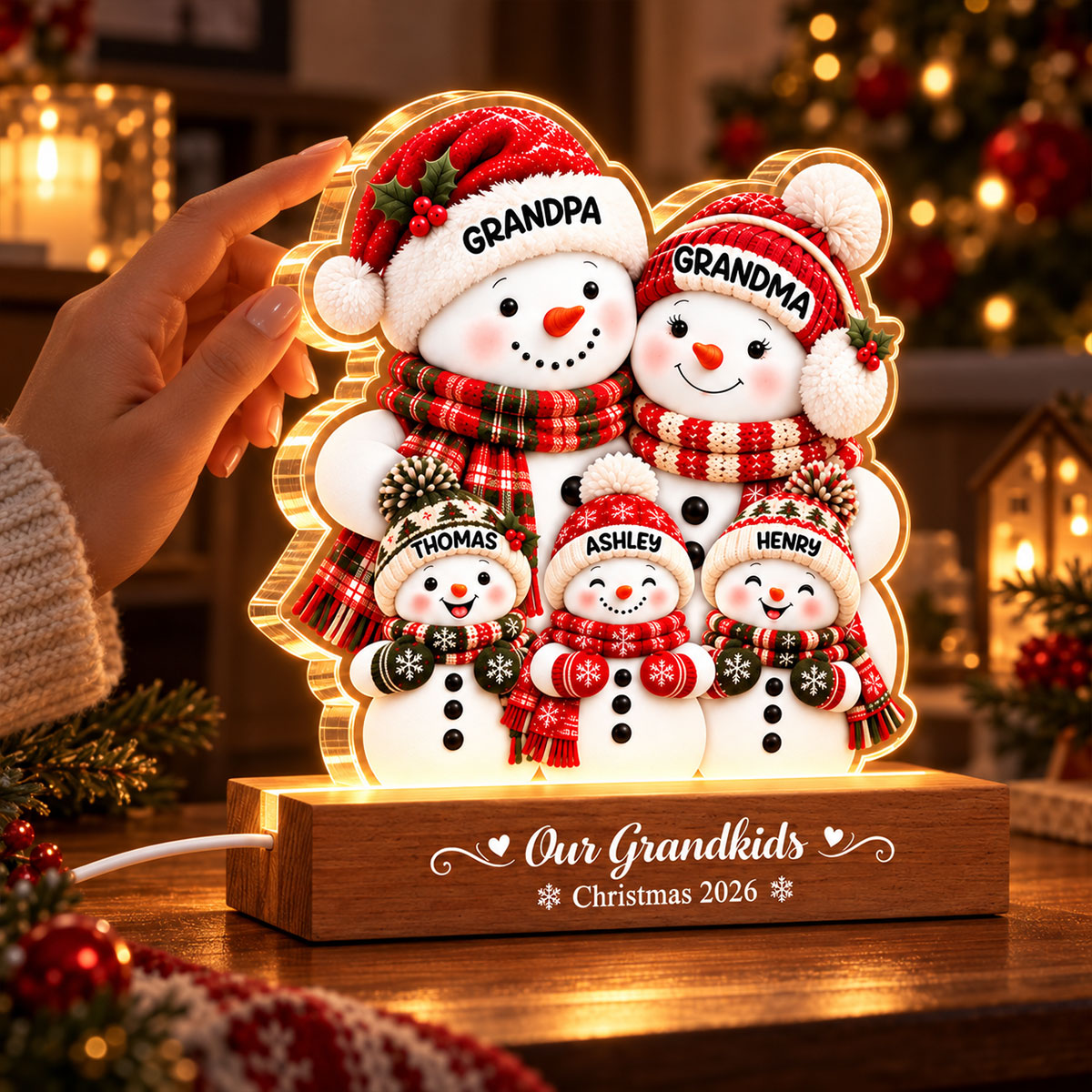 Cozy Warm Christmas Snowman Grandpa Grandma Grandkids - Personalized Acrylic Block LED Night Light - Christmas Decor For Grandparents