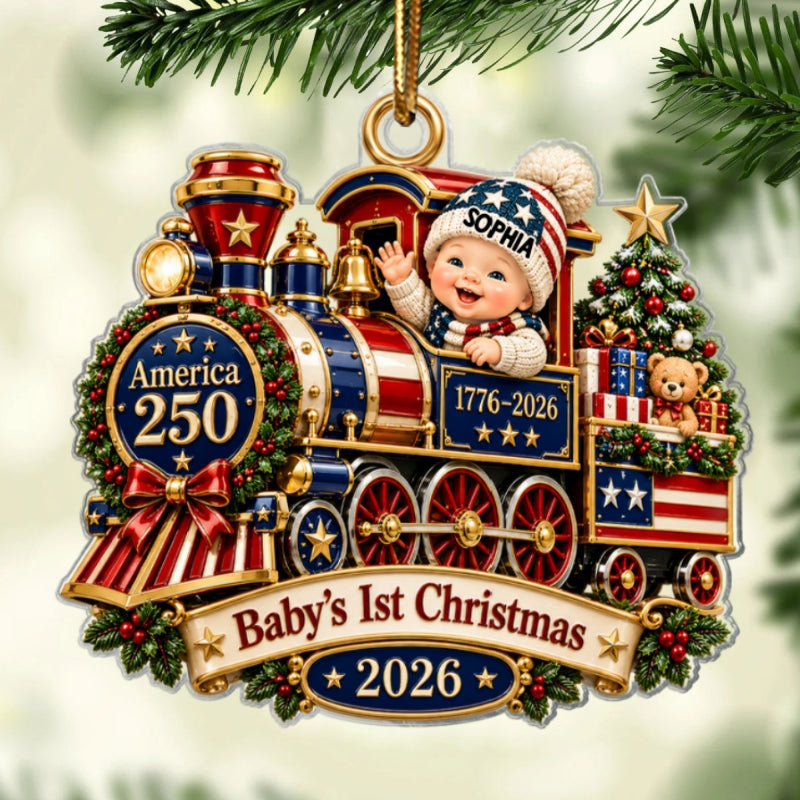 Baby On Train Baby's First Christmas 2D Flat - Personalized Acrylic Ornament - 250th America 1776 - 2026 Anniversary, Patriotic Christmas Decor, Gifts for New Parents