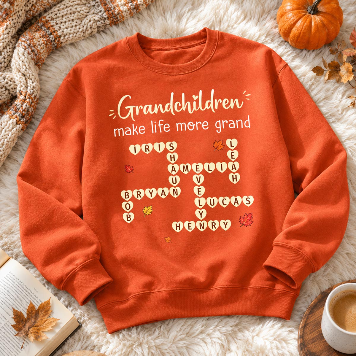 Grandkids Make Life Grand Crossword Puzzle Art - Personalized Shirt - Fall Season Cozy Gift For Grandma
