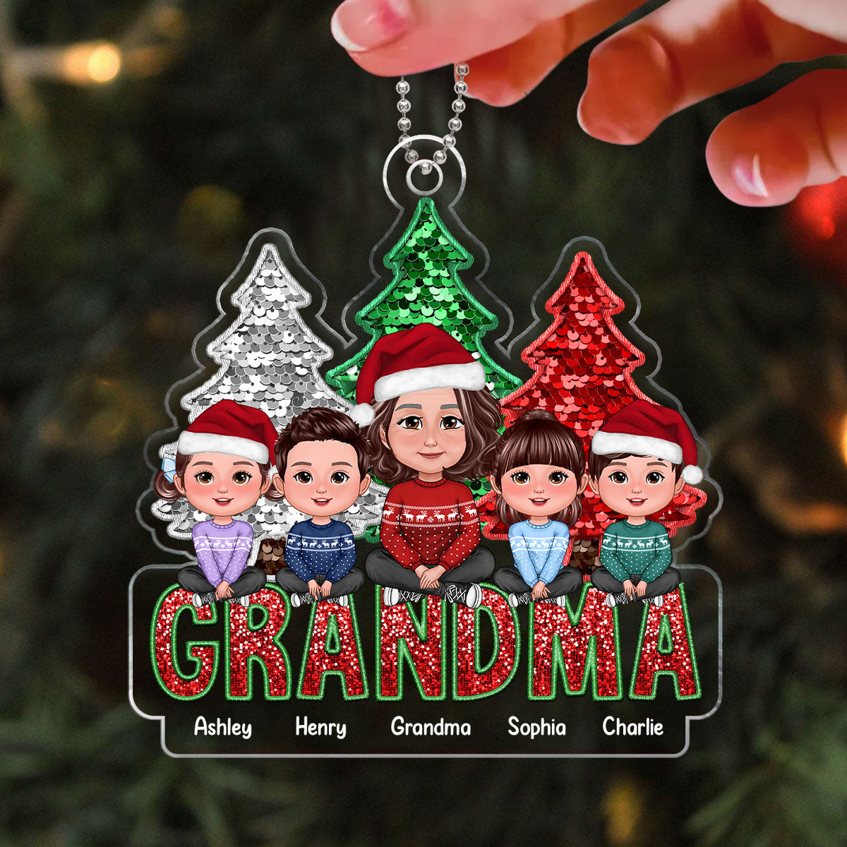 Faux Sequin Red Green Christmas Grandma & Grandkids Sitting On Word Personalized Acrylic Ornament