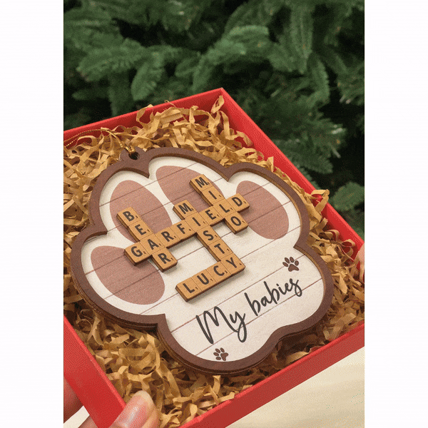 Pet Names Crossword Puzzle Art Personalized Paw Shaped 2-Layer Wooden Ornament [Can add up to 20 pet names]