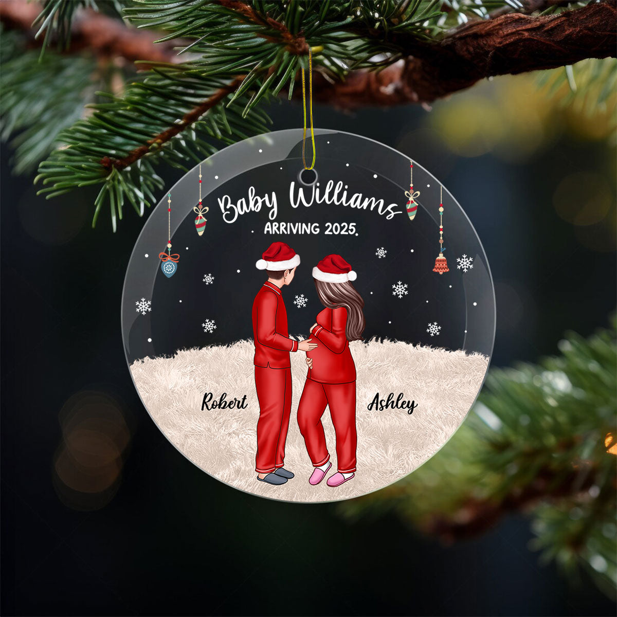 Personalized Pregnancy Ornament, Expecting Family Christmas Personalized Circle Glass Ornament, New Mom Christmas Gift