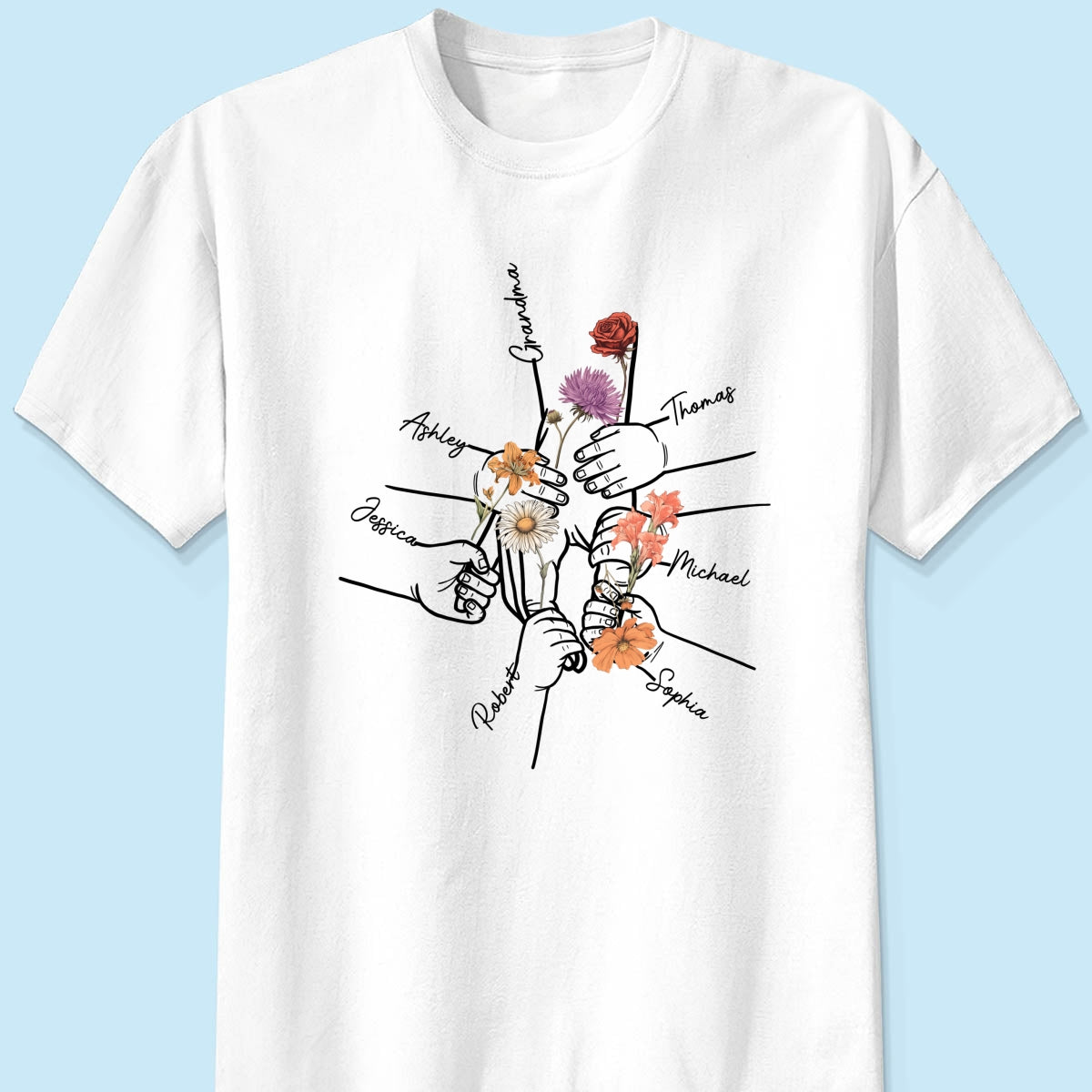 Kids Holding Grandma Mom Hand Birth Month Flowers Personalized Shirt