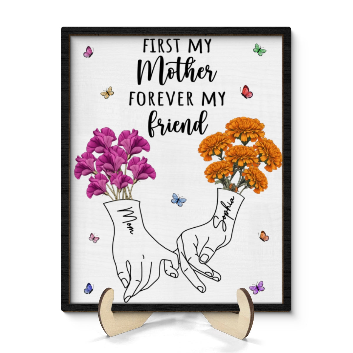 First My Mother Forever My Friend Vintage Birth Month Flowers Gift For Mom 2-Layer Personalized Wooden Plaque