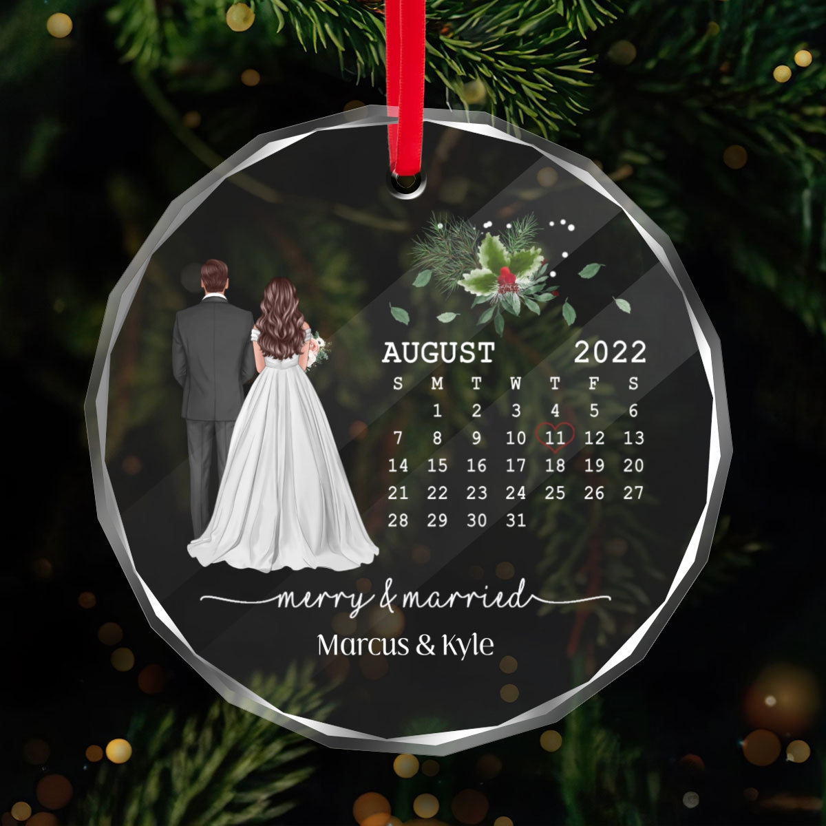 Merry And Married First Christmas Couple Calendar Personalized Christmas Glass Ornament, Anniversary Gift, Newlywed Gift, Wedding Gift
