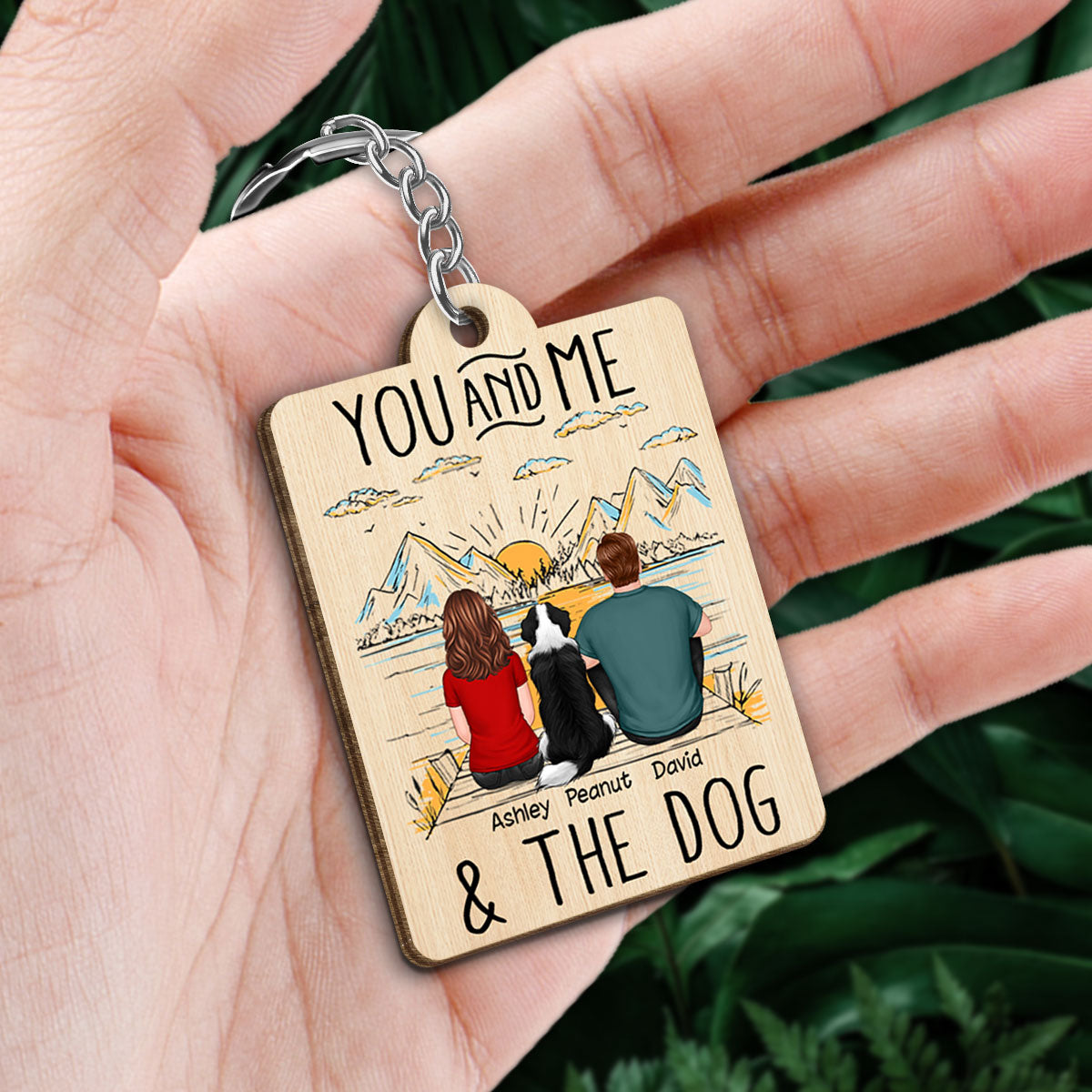 Outline Background Back View Couple And Dogs Personalized Wooden Keychain