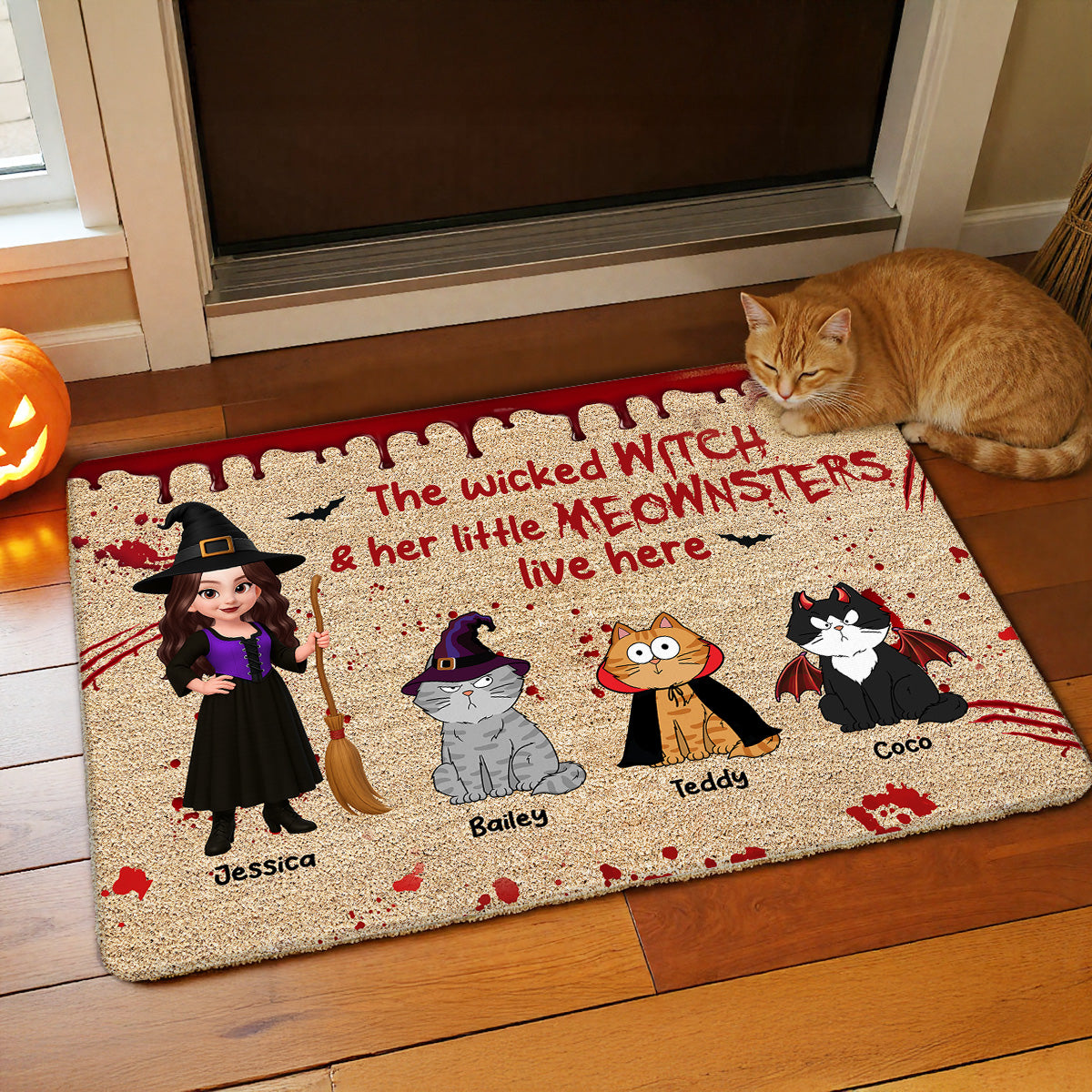 Halloween Wicked Witch And Little Monsters Cats Live Here Personalized Doormat