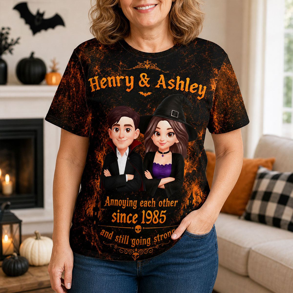 Retro Halloween Couple - Personalized Shirt - Halloween Matching Shirts for Couple, Anniversary Gift for Him, for Her