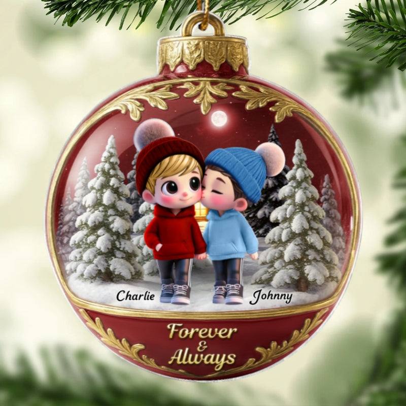 3D Effect Snow Globe Cartoon Couple Walking - Personalized Acrylic Ornament - Christmas Gift for him, Gift for her