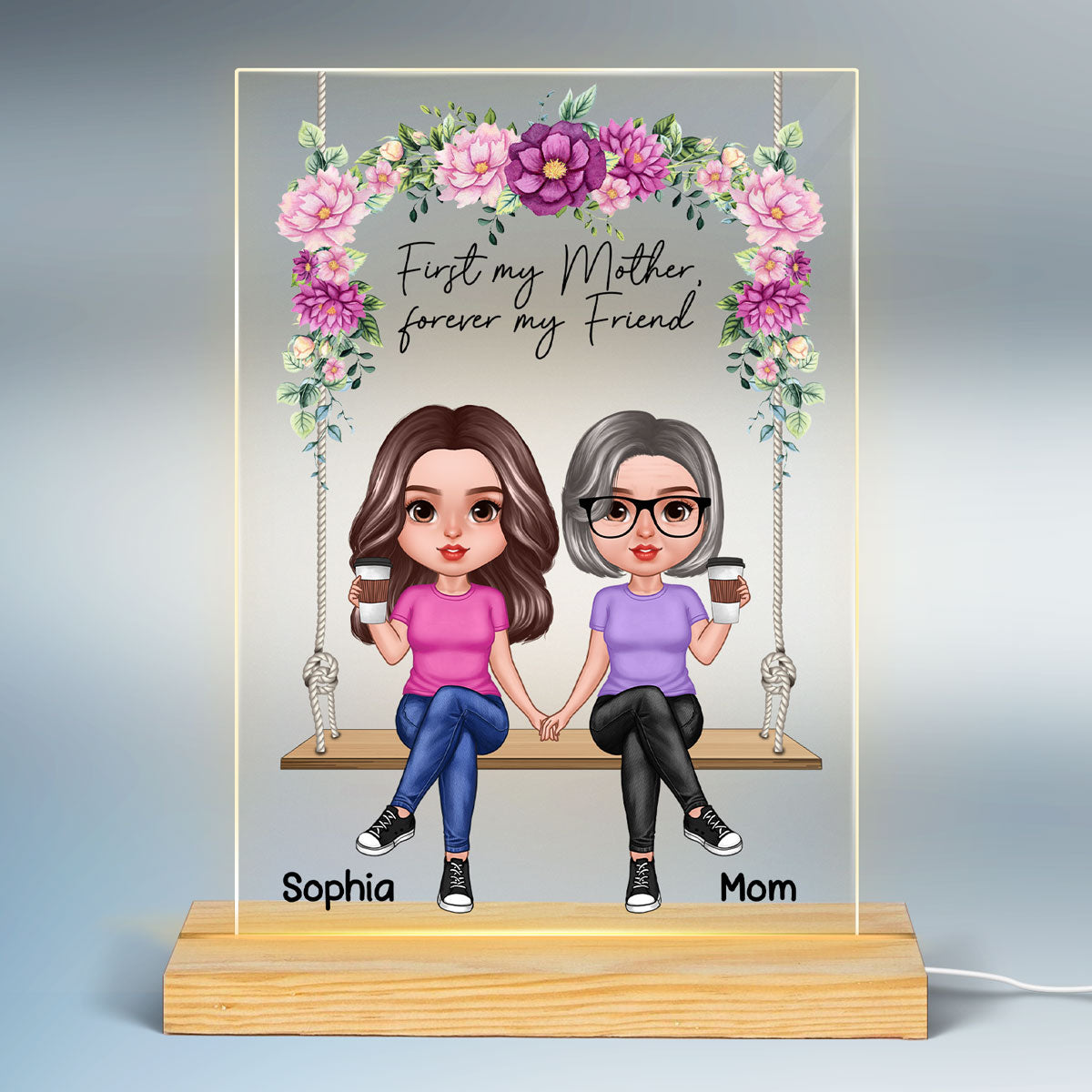 Realistic Mother Daughters Sitting On Floral Swing Personalized Acrylic LED Night Light