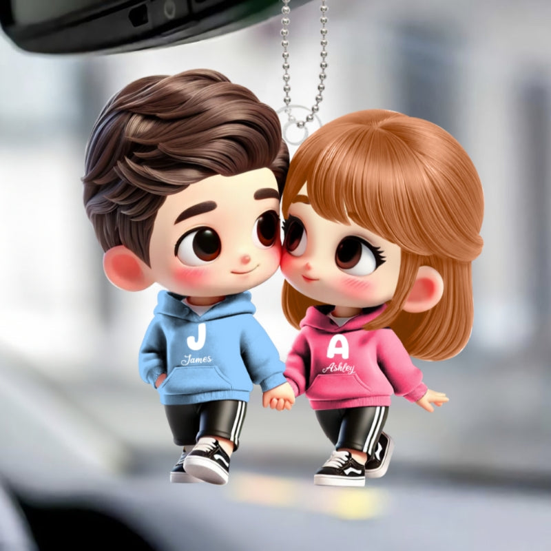 3D Effect Cute Cartoon Couple Holding Hands - Personalized Acrylic Car Hanger - Unique Valentine's Day Gift For Him, Gift For Her