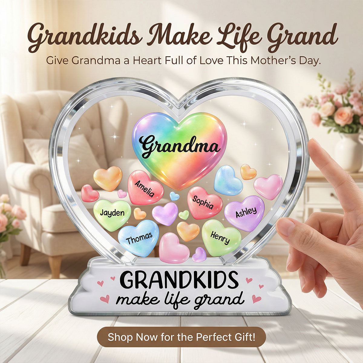 Grandma's Sweethearts In Heart 2D Flat - Personalized Acrylic Block Plaque - Heartfelt Mother's Day Gift For Grandma