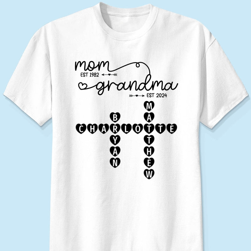 Mom Grandma Est. Swirl Crossword Puzzle Art Personalized Shirt