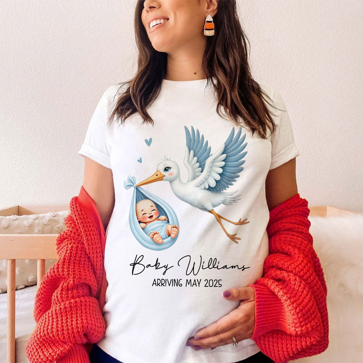 Cute Stork New Baby Personalized Shirt for New Mom, Pregnancy Announcement Gift for Her, Pregnancy Reveal Shirt