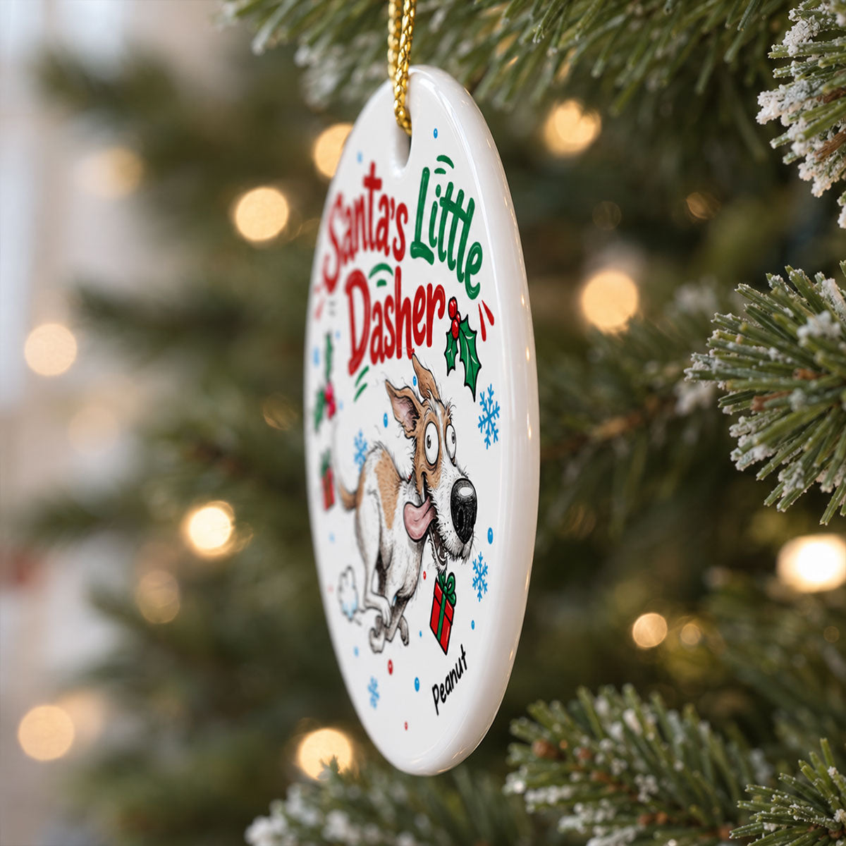 Merry Zoomies Quirky Dog Portrait From Your Custom Pet Photo - Personalized Ceramic Ornament - Funny Christmas Gift For Dog Lover