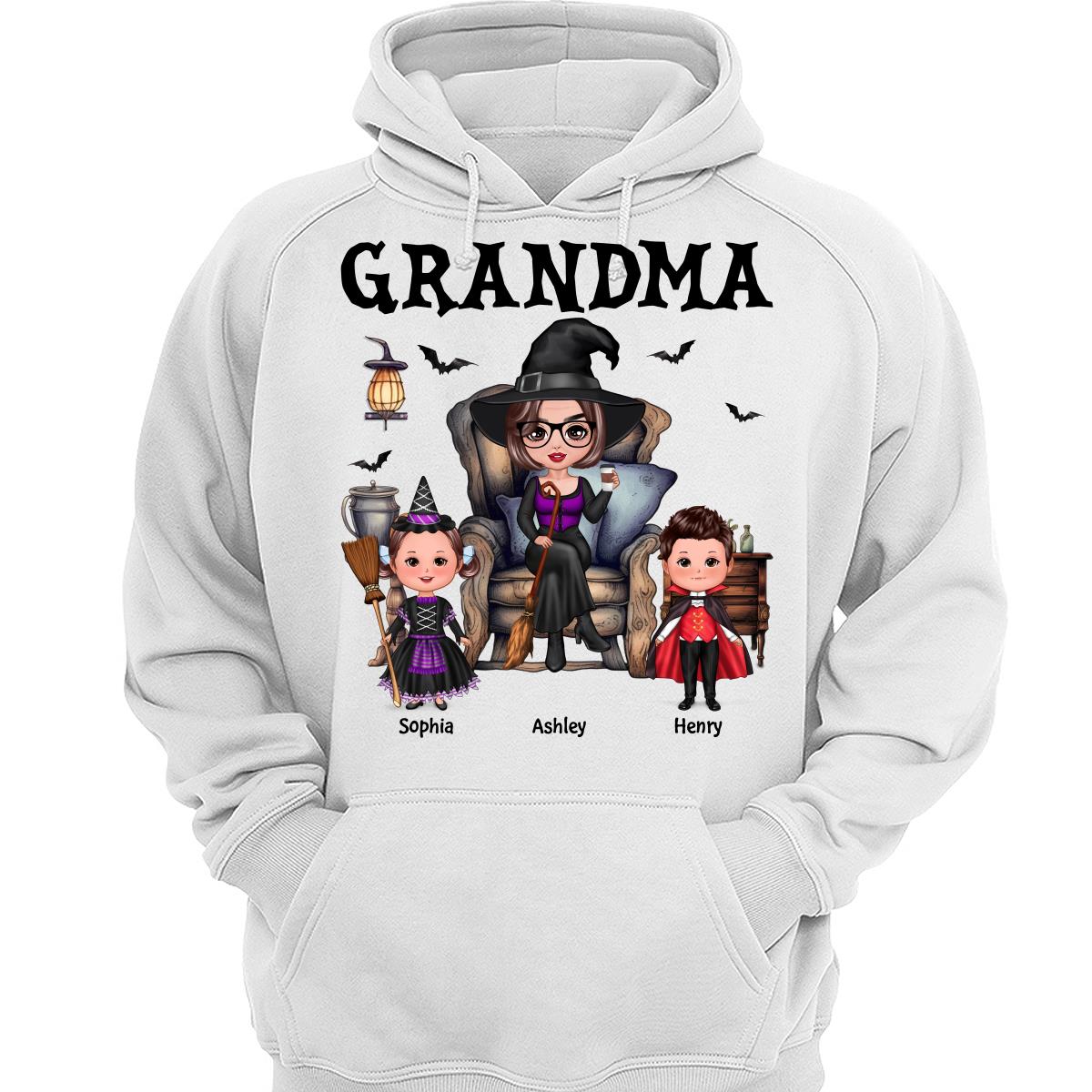 Halloween Grandma Witch Sitting On Chair Doll Kids Personalized Shirt