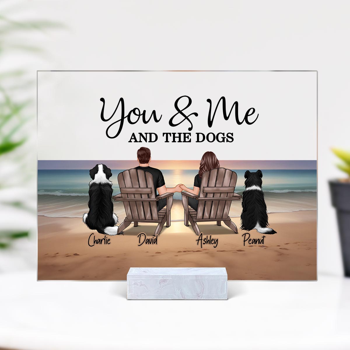 You Me And The Dogs Cats Couple Realistic Beach Landscape Personalized Acrylic Plaque, Gift For Him, For Her
