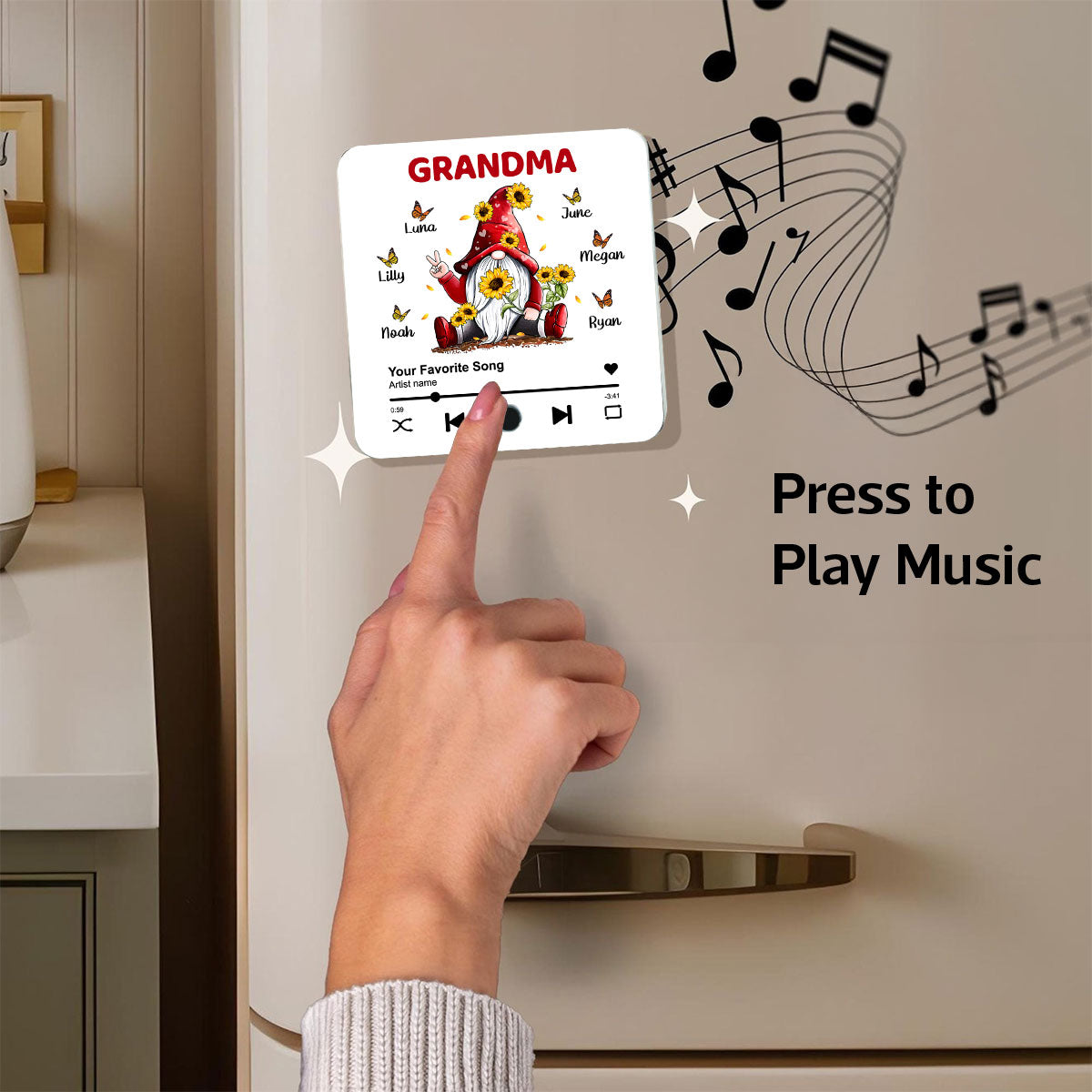 Sunflower Gnome Butterflies Grandma With Grandkids Personalized Music Fridge Magnet, Heartfelt Gift For Mom For Grandma