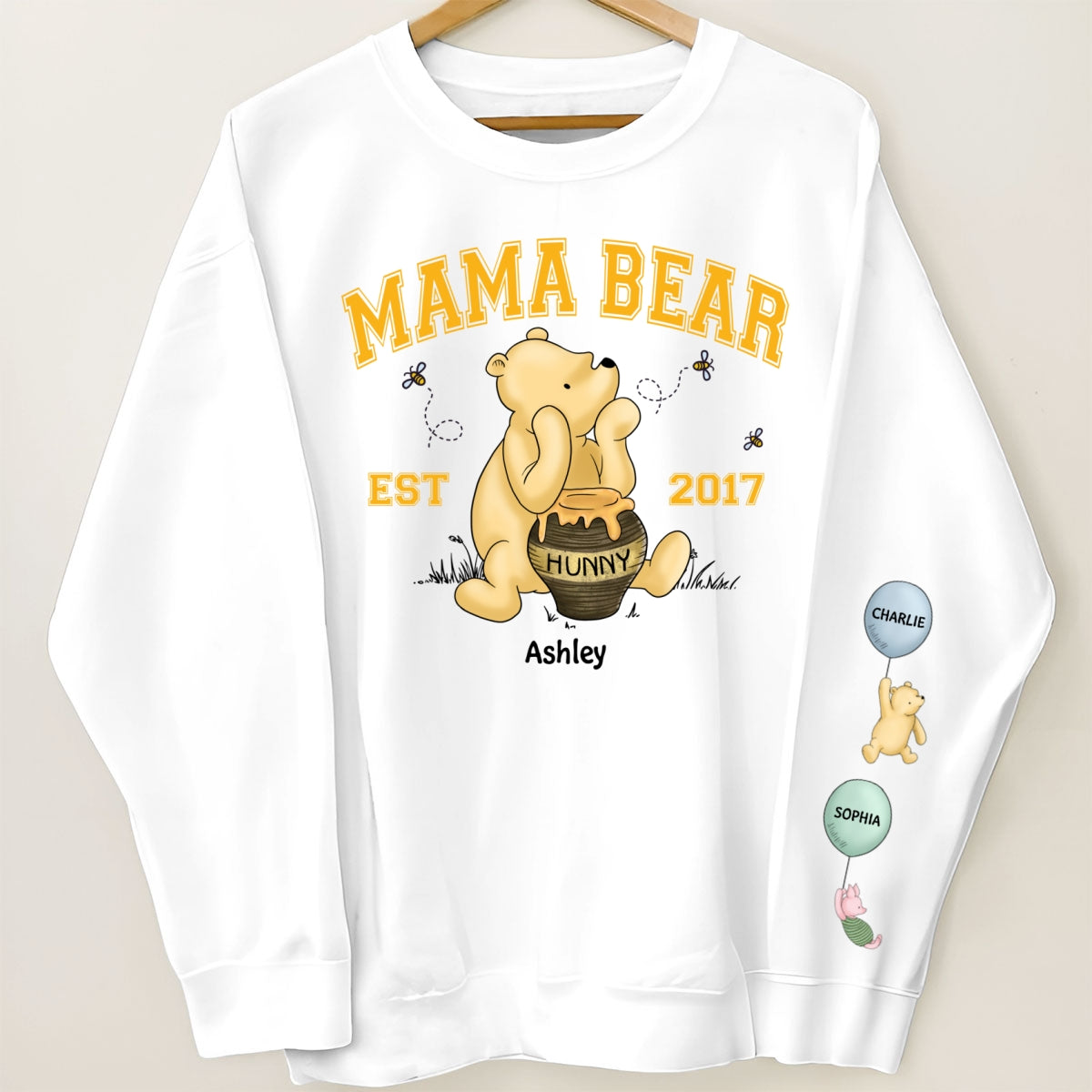 Mama Bear Est. Cute Characters With Balloon Personalized Sleeve Printed Sweatshirt