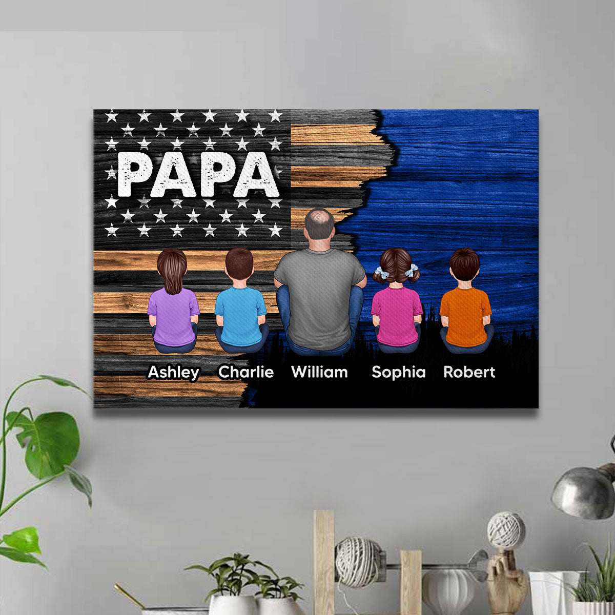 Dad Grandpa Papa Back View Sitting With Kids Half Nation Flag Personalized Canvas