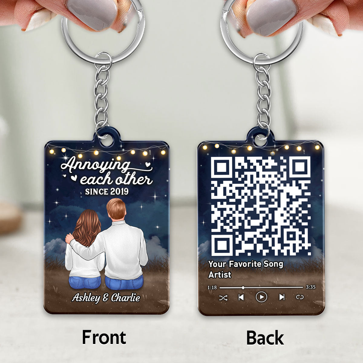 Doll Couple Sitting Back View Night Light String Favorite Song QR Code Personalized Acrylic Keychain